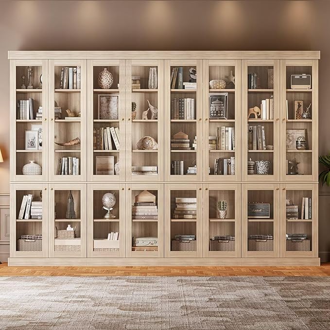 Vyre 70.8" Tall Brown Bookshelf with Glass Doors, Farmhouse Modular Bookcase with 6-Tier Adjustable Shelves, Large Storage Cabinet for Home Office, Living Room, Set of 3