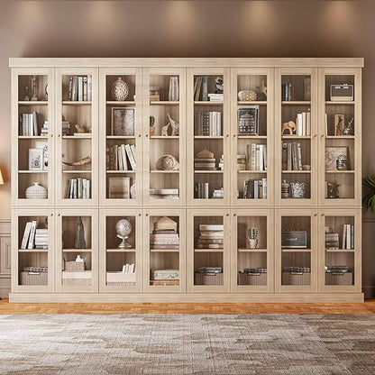Vyre 70.8" Tall Brown Bookshelf with Glass Doors, Farmhouse Modular Bookcase with 6-Tier Adjustable Shelves, Large Storage Cabinet for Home Office, Living Room, Set of 4