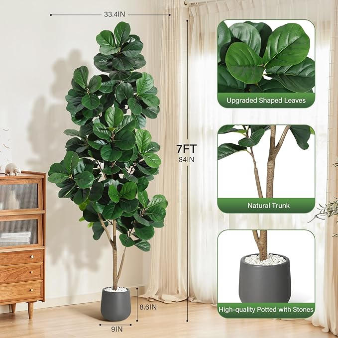 7 ft Fiddle Leaf Fig Tree Artificial with 141 Leaves - Realistic Faux Ficus Lyrata Trees in 9 in Grey Planter Pot, Indoor Fake Floor Plants for Home Office Living Room Decor, Housewarming Gift