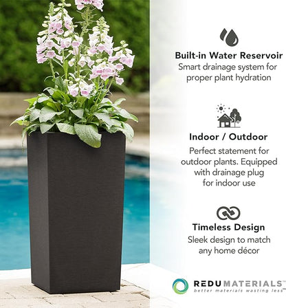 Tierra Verde Indoor & Outdoor Self-Watering Square Planter, Citadel Horizon, 13.5" x 26", Black - Planting Containers for Plants and Flowers - Gardening and Landscaping Accessories