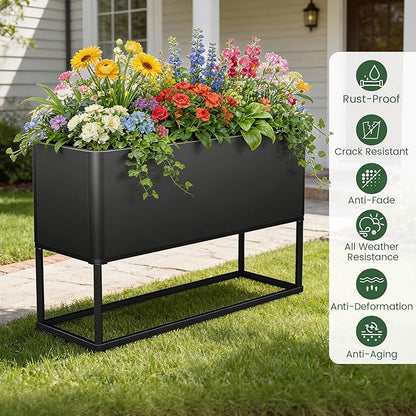 Modern Raised Metal Planter Box with Stand,38"L x 15"W x 30.5"H Outdoor Rectangular Planter,Durable All-Weather Use Elevated Planter for Commercial Patio, Balcony & Porch | Rounded Corner Design