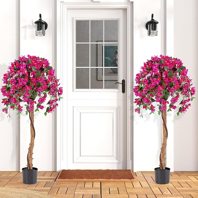 GOFLAME 53" Artificial Bougainvillea Tree, Faux Silk Flower Plant in Pot with 576 Flowers & 288 Leaves, Indoor Outdoor Fake Bougainvillea for Home, Office and Garden Decor, Red