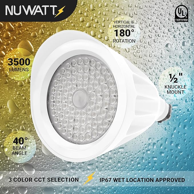 NUWATT 25W Bullet Flood Light Outdoor LED Landscape Lights, 3500 LM Bright Outdoor Lighting for Yard, 30K/40K/50K Selectable, 1/2" Knuckle Mount, 120-277V Waterproof Flag Pole Lights (12-Pack)