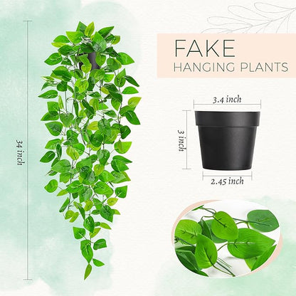 Der Rose 1Pcs 34'' Fake Hanging Plants Artificial Potted Pothos Hanging Vines Plants Indoor for Home Bathroom Bedroom Wall Shelf Decor