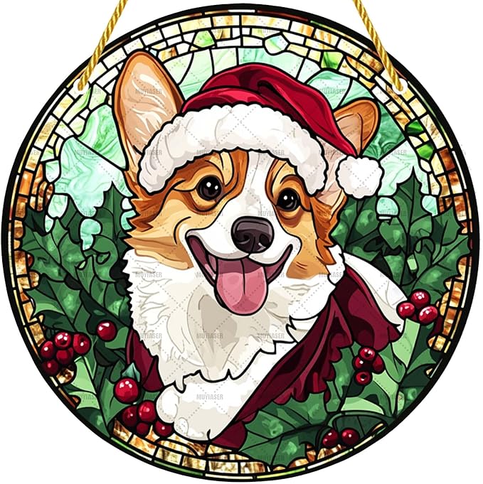 Acrylic Window Hanging Corgi Dog Christmas Stained Panel Window Decoration for Outdoor Indoor Garden Yard Home Winter Decor 8 Inch