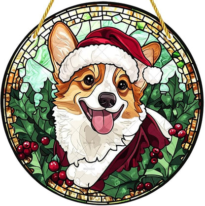 Acrylic Window Hanging Corgi Dog Christmas Stained Panel Window Decoration for Outdoor Indoor Garden Yard Home Winter Decor 8 Inch
