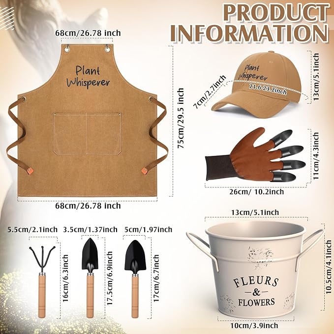 Tarpop Garden Tool Set Christmas Plant Whisperer Gardening Gifts for Women, 7 Pcs Vegetable Planting Tool Kit Cap Canvas Apron Gloves Soil Scoop Transplant Trowel Cultivator Flower Tub(Brown)