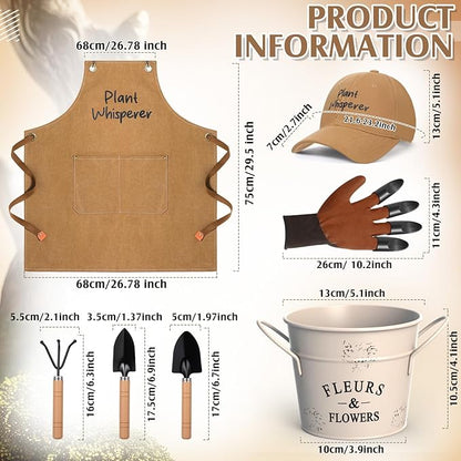 Tarpop Garden Tool Set Christmas Plant Whisperer Gardening Gifts for Women, 7 Pcs Vegetable Planting Tool Kit Cap Canvas Apron Gloves Soil Scoop Transplant Trowel Cultivator Flower Tub(Brown)