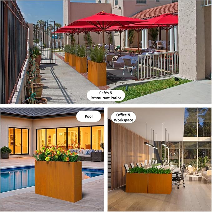 Modern Metal Planter Box 36" L x 9" W x 26" H – Rectangular Cor-Ten Steel Raised Garden Bed with Drainage Holes & Removable Shelf – Outdoor & Indoor Flower Planter for Patio, Yard & Porch
