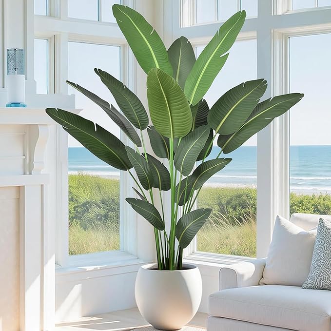 Artificial Bird of Paradise Tree 7FT with 19 Leaves Realistic Thick Banana Leaf Tall Large Faux Tropical Plant 82 Inch Black Pot for Indoor Home Office Poolside Porch Mall Hotel School Decor