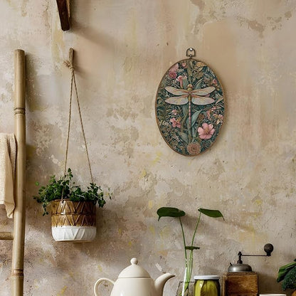 LKETW Vintage Floral Dragonfly Oval Wall Art Decor, Retro William Morris Flower Botanical Dragonfly Oval Canvas Hanging Decor, Cottagecore Wall Decorations for Home Bedroom Office, 8.6x11.4 Inch