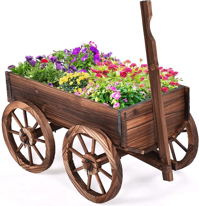 S AFSTAR Wooden Wagon, Wood Flower Planter Pot Stand with 4 Wheels & Drainage Holes, Amish Wagon Planter, Rolling Pot Stand Wood Wagon for Outdoor Plants Garden Decorative Garden Planter, Brown