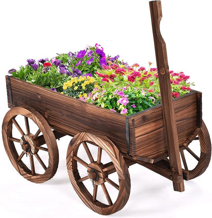 S AFSTAR Wooden Wagon, Wood Flower Planter Pot Stand with 4 Wheels & Drainage Holes, Amish Wagon Planter, Rolling Pot Stand Wood Wagon for Outdoor Plants Garden Decorative Garden Planter, Brown