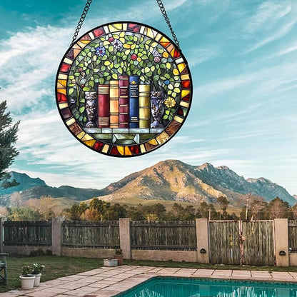 Stained Glass Window Hanging Green Plants Flowers Books 9.8" - Suncatcher Door Garden Sunroom Sun Catcher Decor Birthday Christmas for Mom Men Woman Nana
