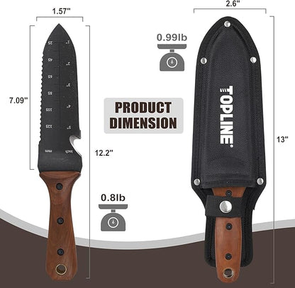 TOPLINE Hori Hori Garden Knife with Oxford Sheath, 7" Stainless Steel Blade with Cutting Edge, Full Tang Walnut Handle with Hanging Hole, Multifunctional Garden Tools for Weeding, Planting, Cutting