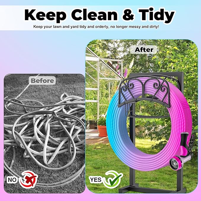 Garden Hose Holder, 4 Spikes Freestanding Water Hose Holder Reels, Heavy Duty Detachable Hose Stand with Storage Basket for Outside Yard Lawn (A-4 Spikes)