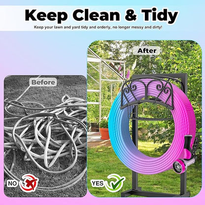 Garden Hose Holder, 4 Spikes Freestanding Water Hose Holder Reels, Heavy Duty Detachable Hose Stand with Storage Basket for Outside Yard Lawn (A-4 Spikes)