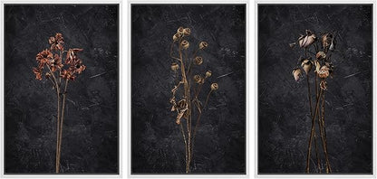 Ashbrook Framed Canvas Print Wall Art Set Dark Moody Wildflowers Nature Wilderness Illustrations Modern Art Decorative Floral Botanical Minimal Calm/Relax/Cozy for Bedroom - 24"x36"x3 White