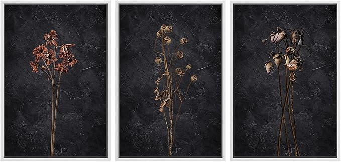 Ashbrook Framed Canvas Print Wall Art Set Dark Moody Wildflowers Nature Wilderness Illustrations Modern Art Decorative Floral Botanical Minimal Calm/Relax/Cozy for Bedroom - 16"x24"x3 White
