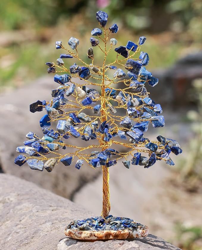 Lapis Lazuli Gemstone Tree of Life - Geode Agate Slice Base, Crystal Tree for Positive Energy, Handmade Chakra Tree, Feng Shui Decor - Good Luck Money Bonsai, Healing Stones Gem Tree, Spiritual Gift