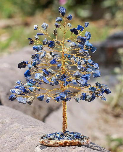 Lapis Lazuli Gemstone Tree of Life - Geode Agate Slice Base, Crystal Tree for Positive Energy, Handmade Chakra Tree, Feng Shui Decor - Good Luck Money Bonsai, Healing Stones Gem Tree, Spiritual Gift