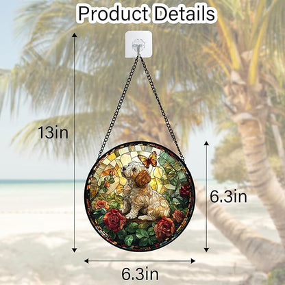 Stained Glass Window Hanging, Cute Dog and Flowers Suncatcher for Doors Home Butterfly Sun Catchers Decoration and Christmas, Mother's Day Birthday Gifts for Women, Men, and Mom 6.3 in
