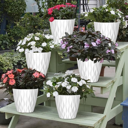 6 Pack 7 Inch Indoor Plant Pots with Drainage Holes, Outdoor Plastic Decorative Flower Pots, Garden Planters with Tray Saucers for Orchids, Violets, Succulents, Herbs, and Other Plants