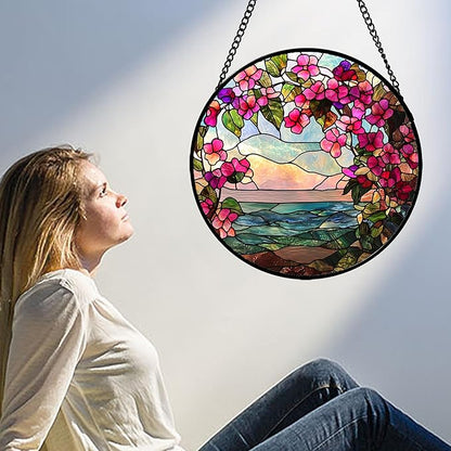 Stained Glass Window Hanging, Purple Flower Landscape Wreath Sun Catcher for Door Home Decor Plants Suncatcher Christmas Mother's Day Birthday Gifts for Women Men Mom Nana 15 in