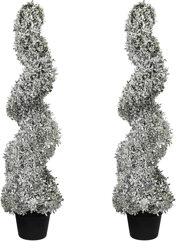 THE BLOOM TIMES 3ft Snow Flocked Spiral Topiary Trees Artificial Outdoor Set of 2, 36" Faux Fake Boxwood Plants for Front Porch Planter, Indoor or Covered Outside Display Decor 3 Foot