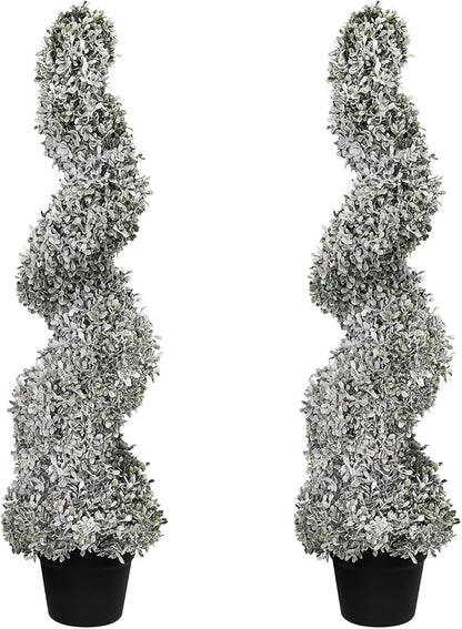 THE BLOOM TIMES 3ft Snow Flocked Spiral Topiary Trees Artificial Outdoor Set of 2, 36" Faux Fake Boxwood Plants for Front Porch Planter, Indoor or Covered Outside Display Decor 3 Foot