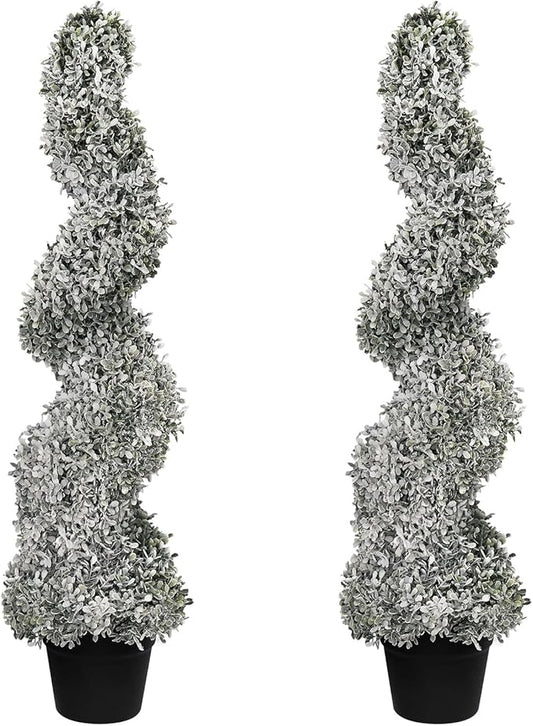 THE BLOOM TIMES 3ft Snow Flocked Spiral Topiary Trees Artificial Outdoor Set of 2, 36" Faux Fake Boxwood Plants for Front Porch Planter, Indoor or Covered Outside Display Decor 3 Foot
