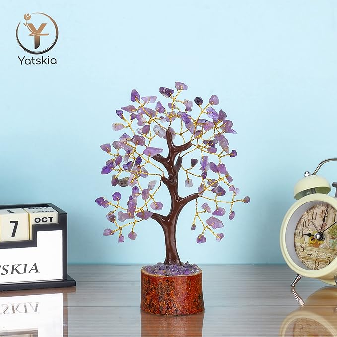Amethyst Crystal Tree – 7-8 Inch Gemstone Tree with Golden Wire & Wooden Base – Spiritual Gift, Gifts for Her, Healing Crystals Decor, Birthday Gift for Women