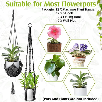 Hoteam 12 Pcs Macrame Plant Hangers Macrame Hanging Planters for Indoor Plants Handmade Boho Hanging Baskets Flower Pots Holder for Outdoor Home Wall Decor