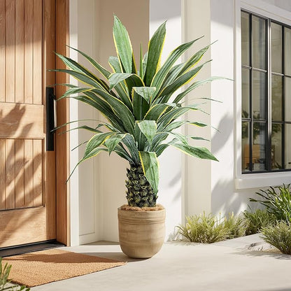 Artificial Agave Plant Potted Plants for Indoor Outdoor Fake Agave Tree in Pot Realistic Faux Tree with 42 Leaves for Home Living Room Office Garden Front Porch Patio Decor (51inch-1 Pc Potted Yellow)