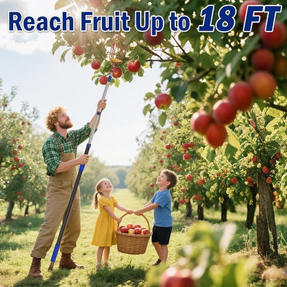 18FT Reach Fruit Picker Pole with Basket Telescoping, 3-12FT Extendable Aluminum Apple Picker for Picking Avocados, Figs, Mangoes, Citrus Fruits - Durable Harvesting Fruit Catcher for Trees
