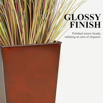 Worth Garden 25" Large Metal Glazed Planter Set of 2, Luxurious Glossy Finish Red Tall Square Tapered Steel Plant Pots, Decor Flower Pot Indoor & Outdoor, Drainage Hole & Dual-Purpose Plant Saucer