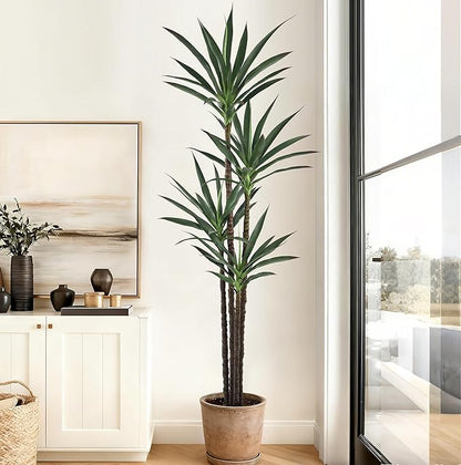 Artificial Agave Tree 7FT with 60 Leaves & 4 Trunks & Elegant Black Pot Realistic Tall Large Fake Faux Modern Tree 84 Inch for Indoor Home Office Porch Store Corner Decor Housewarming Gift