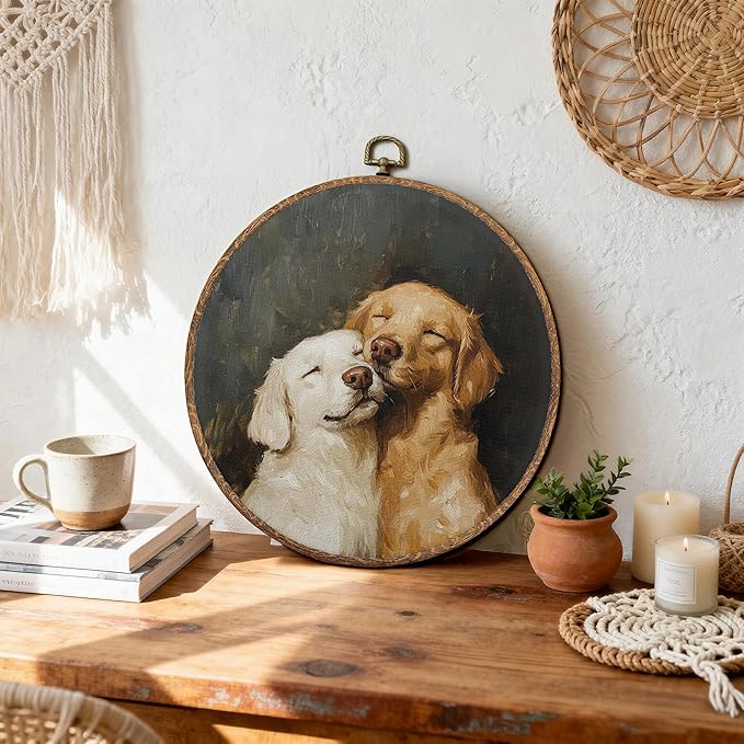 DEQSX Vintage Golden Retriever Round Wall Art, Golden Retriever Gifts for Women, Cute Cottagecore Farmhouse Dog Wall Decor Canvas Prints Posters for Home Bedroom Living Room, 10x10 Inches