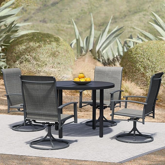 5 Piece Outdoor Dining Set, 42" Black Round Outdoor Dining Table with 4 Grey Swivel Patio Table and Chair Set of 4 for Lawn, Garden, or Porch
