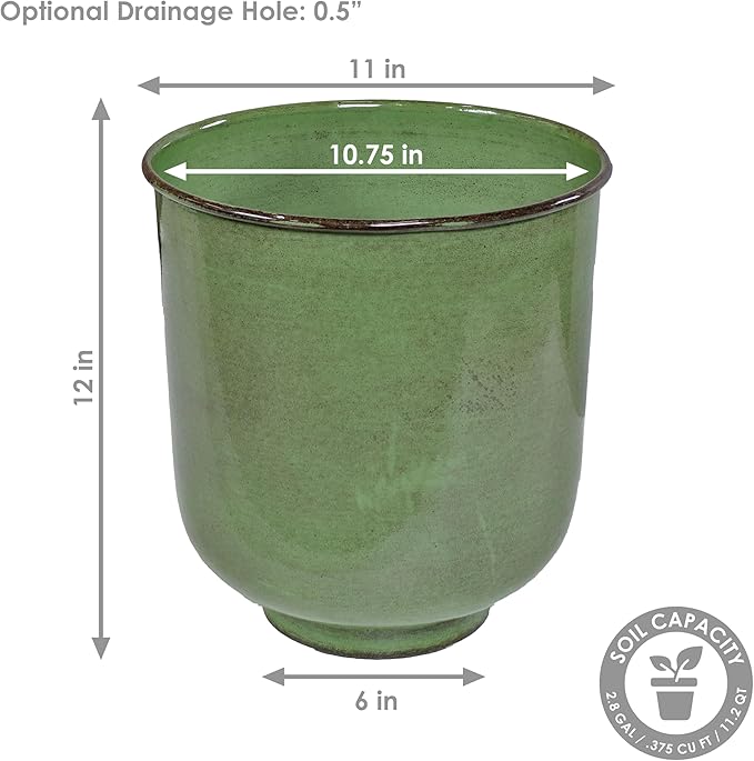 Sunnydaze Vivian 11" Metal Outdoor Plant Pot Set with Drainage Holes and Rubber Plugs - Jade Glaze - Set of 2