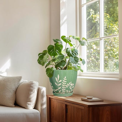 8 Inch Indoor Plant Pot with Drainage and Saucer - Ceramic Planter for Indoor Outdoor Plants, Decorative Flower Pot, Desk Home Office Garden Decor, Plant Lovers Gifts, Green