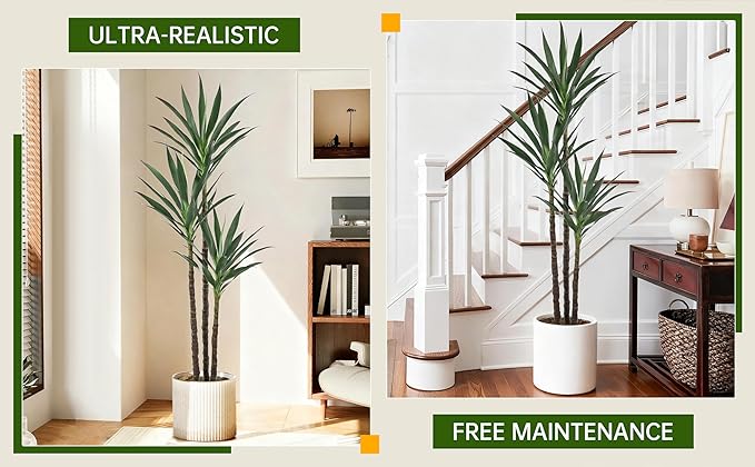 Artificial Agave Tree 5.2FT with 45 Leaves & 3 Trunks & Elegant Black Pot Lifelike Tall Large Fake Faux Modern Tree 62 Inch for Indoor Home Office Porch Store Corner Decor Housewarming Gift