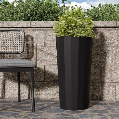 2PCS Tall Planters for Outdoor Plants, 23.6 Inches Large Outdoor Conical Flower Pots for Porch with Drainage Holes and Drainage Baffle, Tapered Large Planters for Garden, Balcony Use, Black
