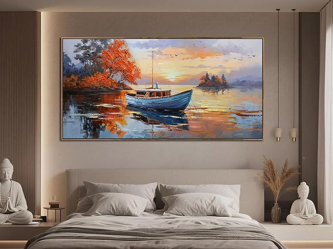 Brushart Ship Wall Art for Living Room, Large Canvas Wall Art Landscape Pictures Paintings Wall Decor Textured Artwork for Walls Bedroom Home Office, Framed 58"x29"