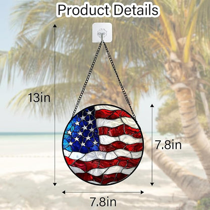 Stained Glass Window Hanging, Blue, White Red National Flag Pattern Sun Catchers Diamond Glass Panel Window Hangings Decor for Birthday Gifts for Women, Men, and Mom 7.8x7.8 in