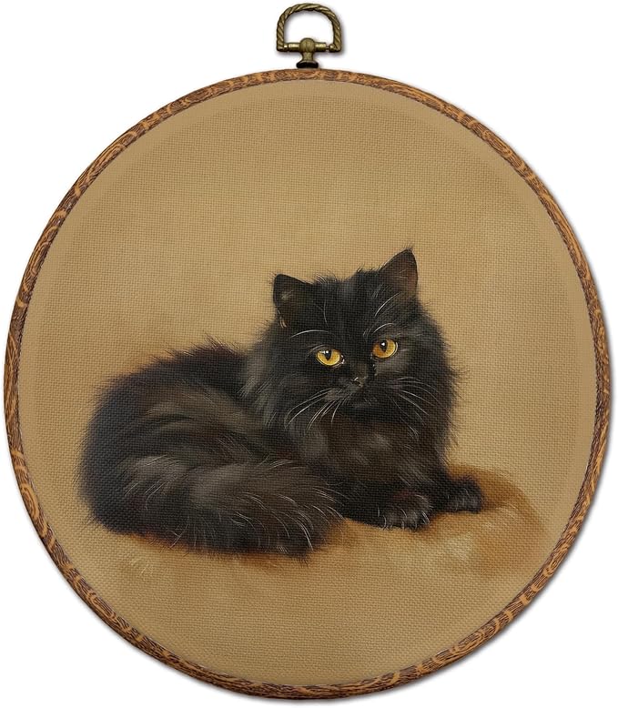 DEQSX Vintage Black Cat Round Wall Art, Black Cat Gifts for Women, Rustic Dark Academia Aesthetic Kitten Wall Decor Canvas Prints Posters for Home Bedroom Living Room, 10x10 Inches