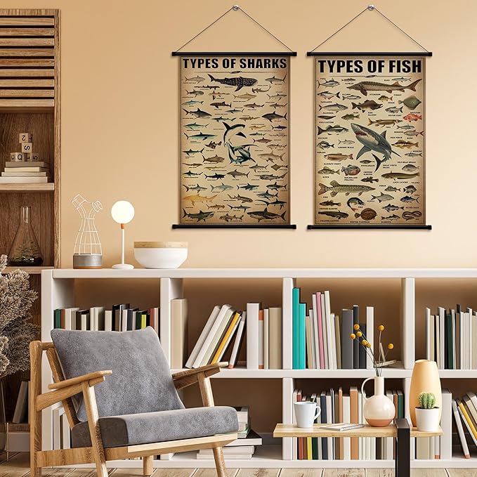 Geosar 2 Pcs Vintage Ocean Fish Poster Marine Animal Wall Decor Rustic Ocean Knowledge Picture Prints Wall Art Illustrative Reference Chart Poster for Home Office Classroom Bedroom, 15.7 x 23.6''