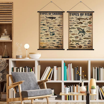 Geosar 2 Pcs Vintage Ocean Fish Poster Marine Animal Wall Decor Rustic Ocean Knowledge Picture Prints Wall Art Illustrative Reference Chart Poster for Home Office Classroom Bedroom, 15.7 x 23.6''