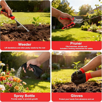 Yesker Gardening Tools 9-Piece Heavy Duty Garden Tool Set Gardening Supplies Gifts for Women Men Gardening Hand Tool Kit with Non-Slip Ergonomic Handle, Garden Bag, Durable Gloves, Spray Bottle, Red