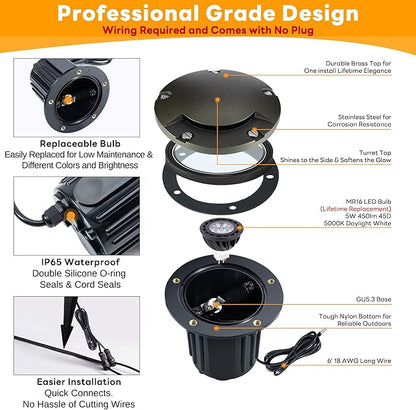 Gardenreet LED Well Lights Low Voltage - Brass In-Ground Ip65 Weatherproof 12V Lighting, Electric Light, Antique Bronze for Yard Garden Walkway with 5000K Daylight White MR16 Bulb